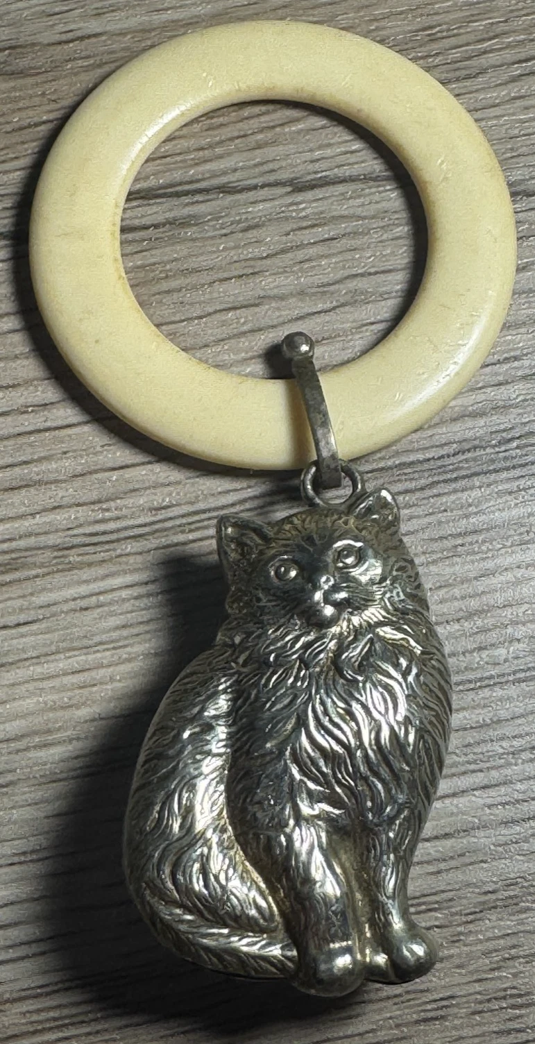 Antique Cat Baby Rattle Teether Silver Tone Figural Teething Ring Toy
Opens in a new window or tab