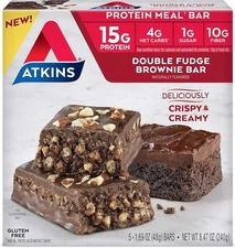 (Free Duty Tax) Atkins Double Fudge Brownie Protein Meal Bar, High Fiber, 15