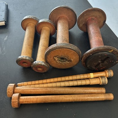 Vintage Lot of 8 Industrial Wooden Yarn Spools Thread Bobbins Wood farmhouse