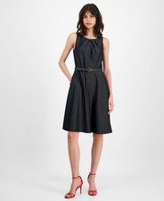 Tahari ASL Denim Fit & Flare Dress Women's 12 Black Pleated Scoop Neck Back Zip