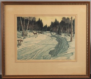 Antique Signed LEON PESCHERET Colored Etching Winter Deer Landscape SNOWBOUND