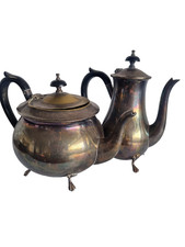Antique Footed Teapot and Coffe / Water Pot Silver Plated Patina