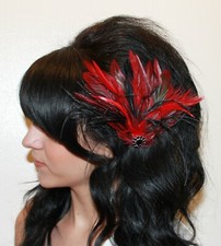 Women Fascinator feather Clip Red Black Ostrich bridal photo prop large Headdres