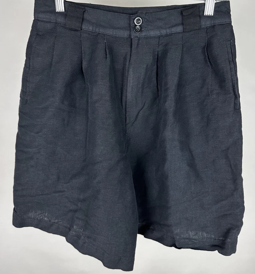 Pantalón Corto Vintage 28” Cintura Ultra Alta Años 90 Relajado Negro Mezcla de Lino Preppy Foto 2 de 4