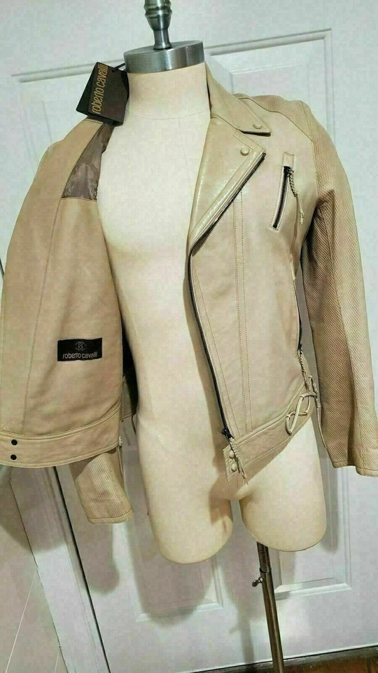NUEVA CHAQUETA DE CUERO $5.2k Roberto Cavalli-52eu-42us-l-python look beige MOTOCICLETA Foto 3 de 4