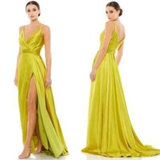 Mac Duggal Chartreuse Wrap Front Pleated Satin Gown Size 0 $598 Prom Dress