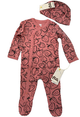 NWT Tea Collection Baby Girl 0-3 Months Pink Strawberry Footed Romper and Hat
