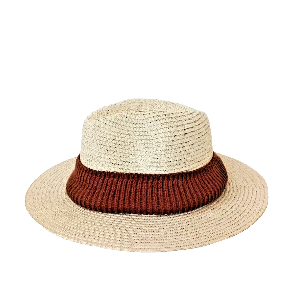 Women Straw Hat Ribbed Knitted Hat One Size Band Beach Summer Adjustable Cream