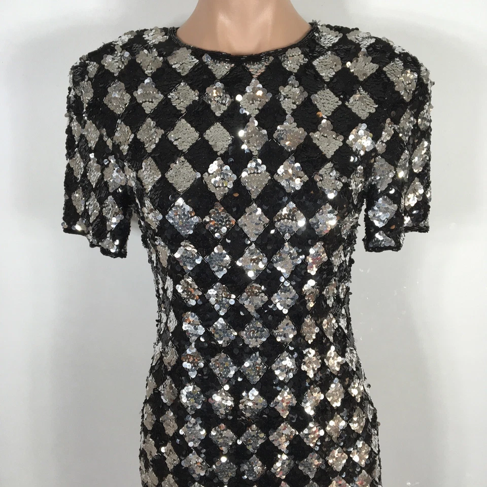 Vestido de fiesta vintage negro plateado lentejuelas 6 Nochevieja diamante a cuadros mini Foto 3 de 4