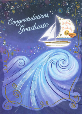3D Die Cut Sailboat  Curling Blue Waves Ribbons Hand Decorated Graduation Card
