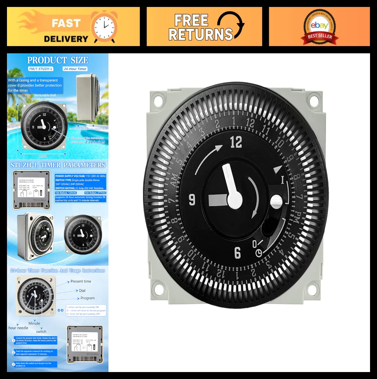 24-Hour Timer for Pool & Septic Systems, 110-120V AC, 21A, 96 Trippers, 10-Year