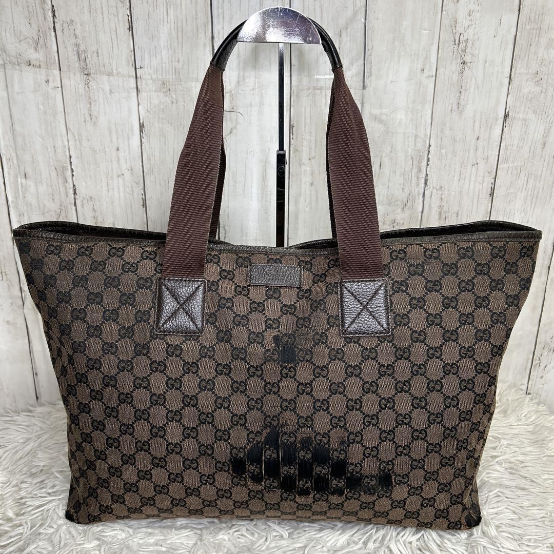 GUCCI GG Canvas Tote Bag in Brown with Leather Accents and Large Capacity #PG6OT1