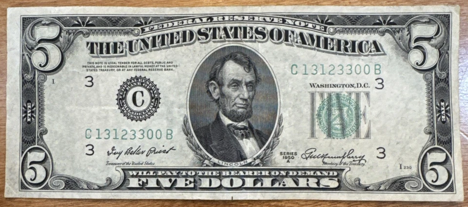 $5 1950 ((CHOICE CU)) Federal Reserve Note Philadelphia fancy serial number  - Image 2 of 4