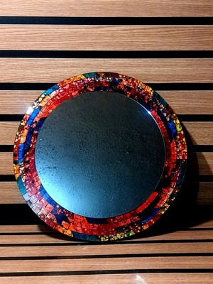 Colorful 40cm Round Mosaic Wall Mirror - Red & Blue Glass Tile Home Decor