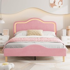 Queen Size Upholstered LED Bed Frame, Velvet Princess Platform Bedframe for Kids