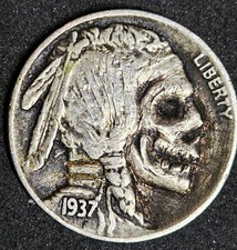 1937 Hobo Nickel Skull Carved Buffalo Indian Head Five Cents Nickel folk art 