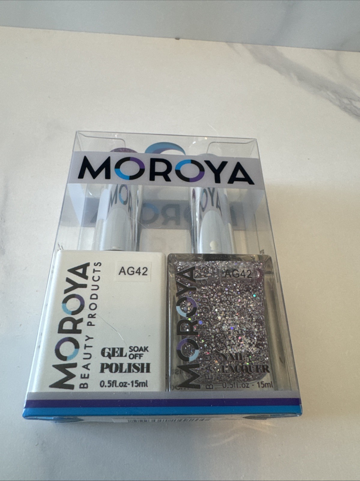 MOROYA Soak Off Gel Polish & Matching Nail Lacquer Purple Sparkle AG42 0.5oz. ea