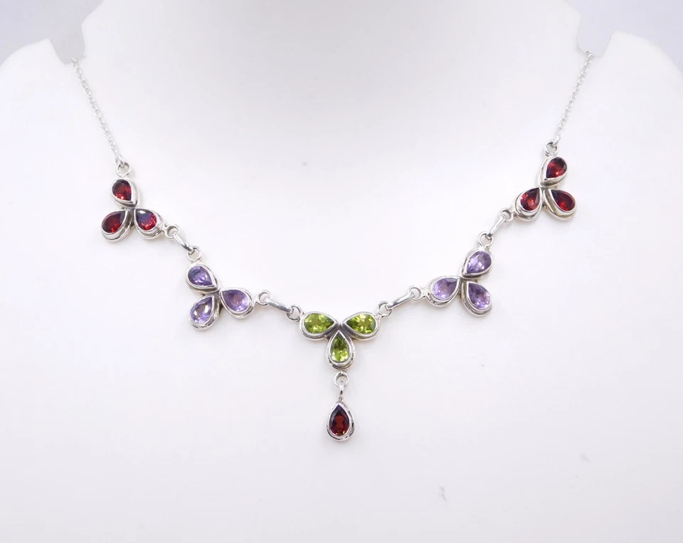 12.96 GM 925 Argento Sterling Naturale Multi Gemma Mano Collana Misura 50.8cm - Immagine 4 di 4