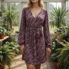 ASOS Sz US 8 Purple Floral Tie Waist Long Sleeve Stretchy Dress