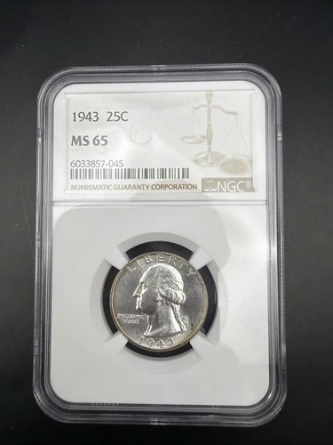 1943 Washington Quarter 25c NGC MS65 High Grade 90% Silver Quarter