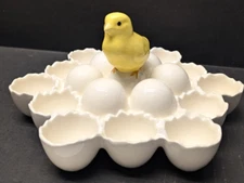 Vintage Deviled Egg Dish Plate with Chick in Center Holds 1 Dozen 10"W x 5"H