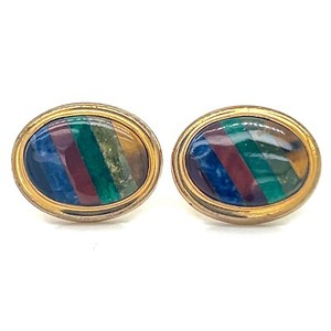Authentic Vintage Gold-Plated Colorful Multi-Stone Inlay Oval Cufflinks
