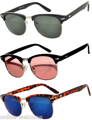 Set of 3 Half Frame Semi Rimless Horn Rim Sunglasses Pink Blue Green Lens