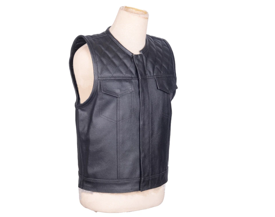 Men Classic Black Motorcycle Biker Style Genuine Real Leather waistcoat Vest - Image 3 of 4