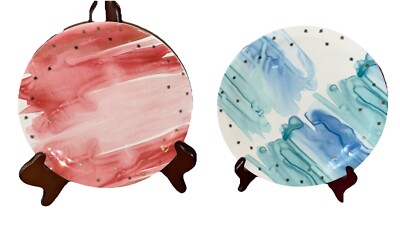 Anthropologie Night Sky Plates Watercolor Blues & Reds (2)