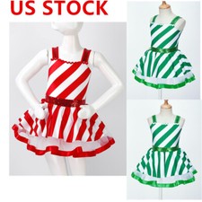 Kids Girls Christmas Dance Costumes Candy Striped Print Ballet Tutu Dress
