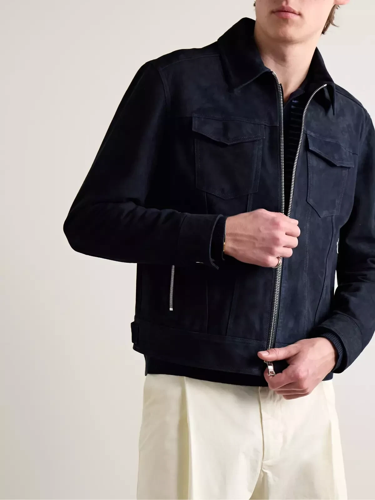 Leather Trucker Jacket for Men Navy Blue Suede Custom Made Size S M L XXL 3XL