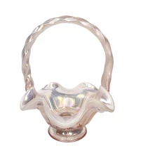 Fenton Art Glass Pink Champagne Opalescent Satin Basket Footed Lambs Tongue