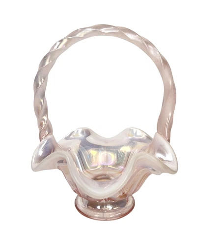 Fenton Art Glass Pink Champagne Opalescent Satin Basket Footed Lambs Tongue