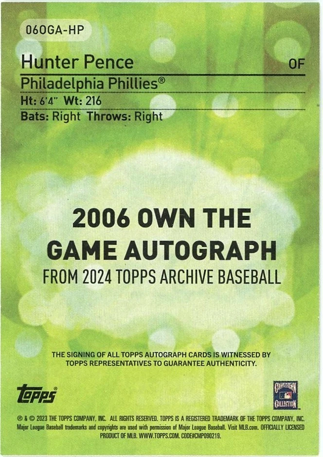 2024 Topps Archives Hunter Pence #06OGA-HP Own the Game Auto Phillies Foto 2 de 2