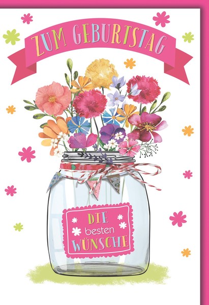 Geburtstag GlüCkwunschkarte Mit Briefumschlag Gezeichnet Blumen Im Glas-image