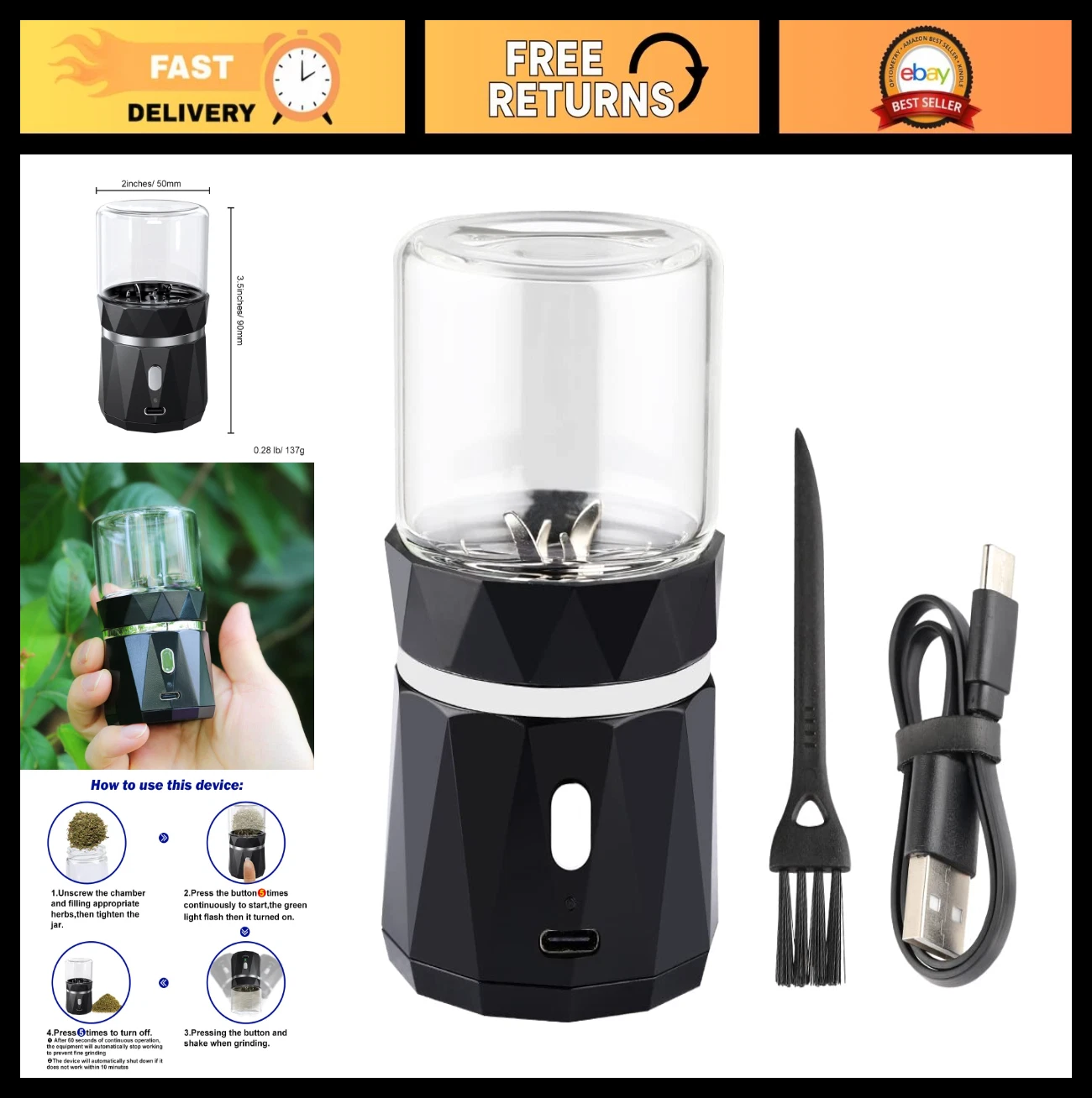 Electric Mini Herb Grinder - Portable Spice Crusher with 50ml Glass Jar, Recharg
