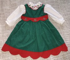Vintage Girls Holiday Dress 2T Peter Pan Collar Corduroy Embroidered Red Green