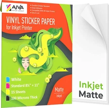 Matte White Printable Vinyl Sticker Paper for Inkjet Printers - 15 Sheets