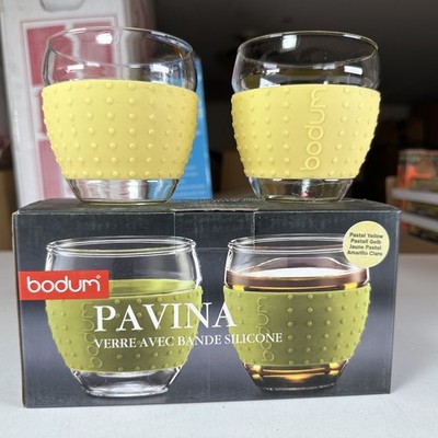 Set of (2) BODUM Pavina 12oz Glass Cup w/ Pastel Yellow Silicone Sleeve Grip