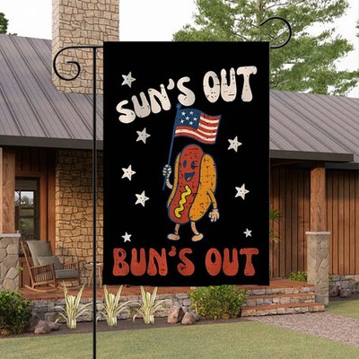 Funny Hot Dog Garden Flag 12x18inch: Suns Out Buns Out BBQ Glizzie Lover Decor