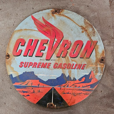 #ad VINTAGE CHEVRON SUPREME OLD US GASOLINE OIL GAS PUMP ENAMEL PORCELAIN SIGN $149.99