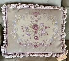 VTG Kathy Diddel 22” Aubusson Floral Needlepoint French Country Fringe Pillow