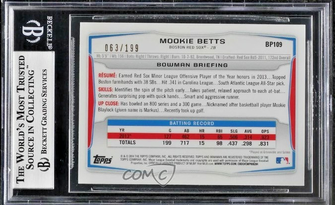 2014 Bowman 1st Prospect Rookie /199 Green Paper #BP109 Mookie Betts RC SP BGS 9 view 3