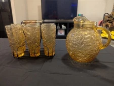 anchor hocking lido milano amber Pitcher and 6 Glasses