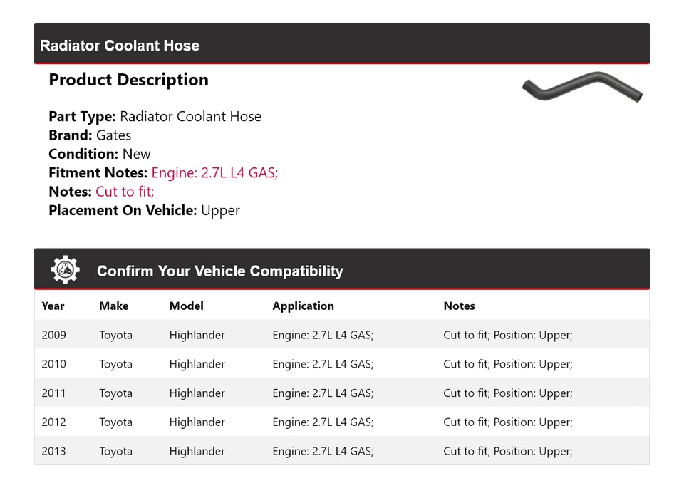 Manguera de refrigerante de radiador de gas de 2,7 L L4 para Toyota Highlander 2009-2013 puertas superiores Foto 2 de 4