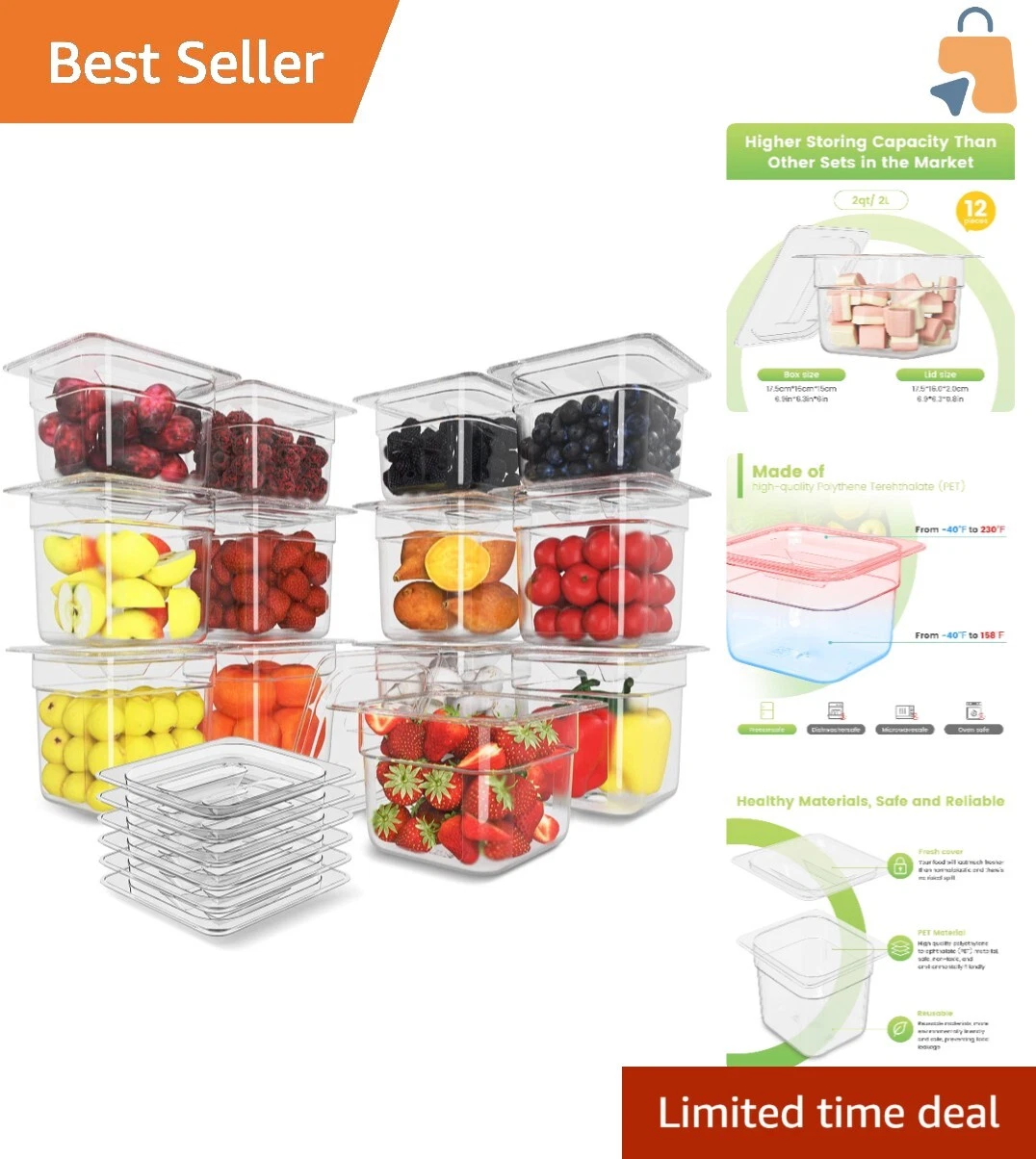 12 Pack Stackable 6-Inch Deep Food Storage Containers - Restaurant Clear Pans
