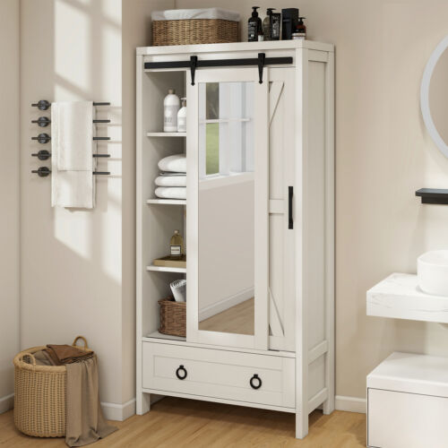 67" Tall Wardrobe Storage Shelves & Drawer Kitchen Cabinet with Mirror Barn Door