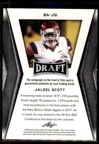 Jaleel Scott 2018 Leaf Draft RC Autograph Rookie Auto #BA-JS1 New Mexico State - Picture 2 of 2