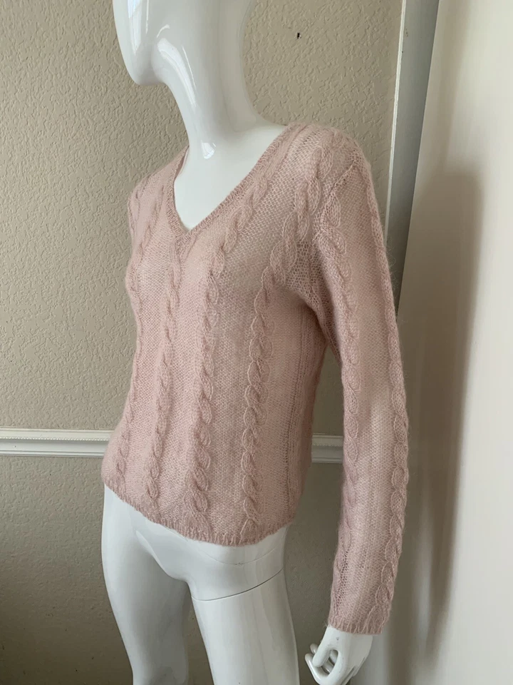 复古参考点! Pale Pink Mohair V 领电缆针织毛衣 M 码 — 第 3/4 张图片