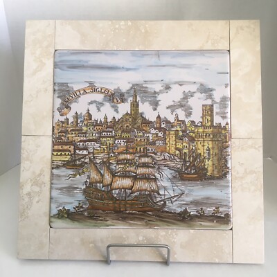 Sevilla Siglo XVI Ceramic Tile Framed in Travertine Wall Hanging